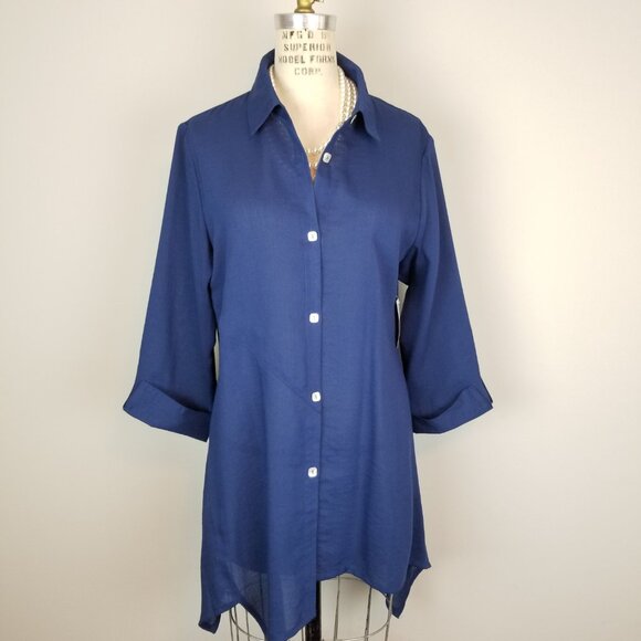 Fridaze Rich Navy Blue 100% Linen Blouse w/ Asymmetrical Hem New w/Tags * Small - Picture 1 of 7